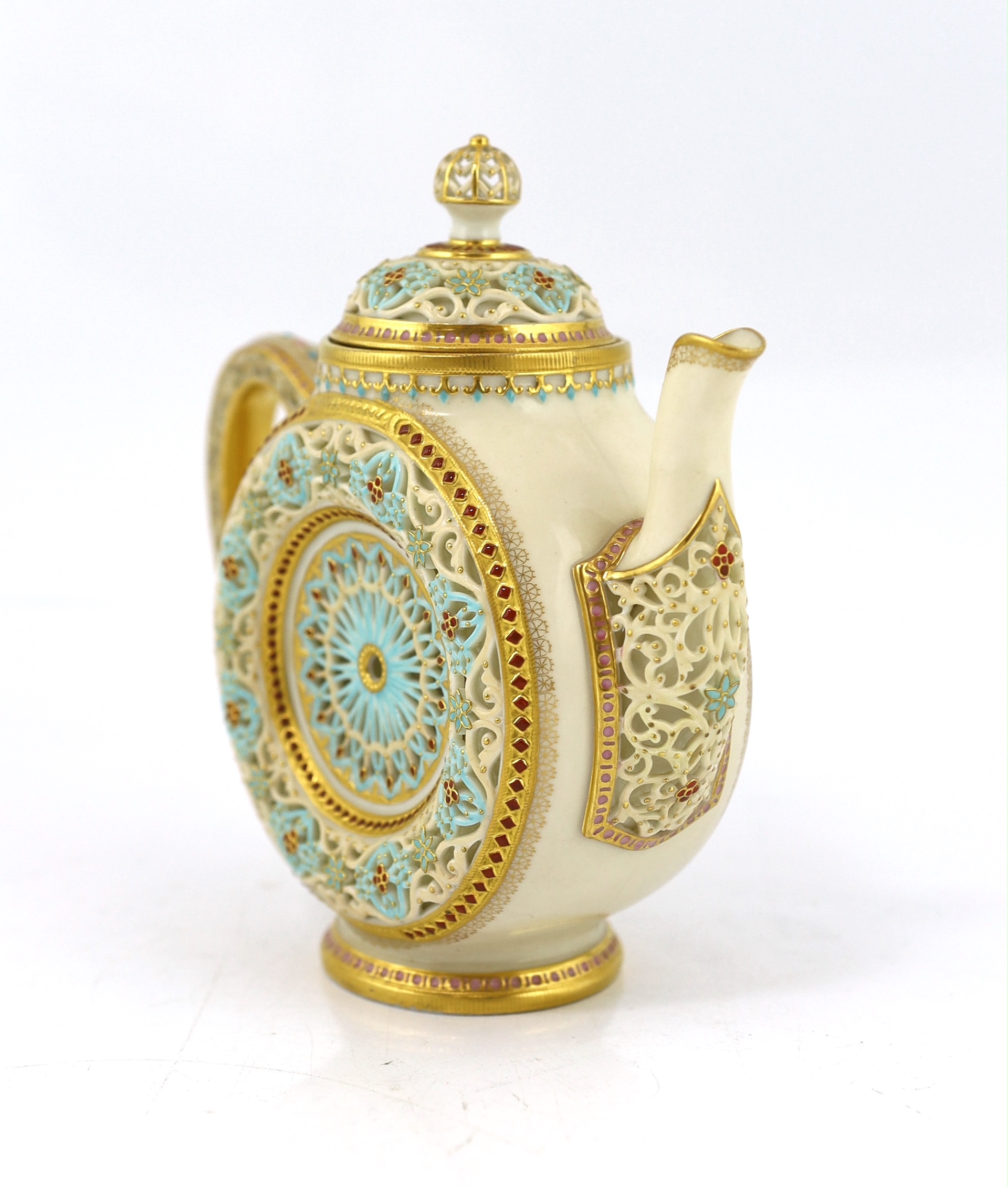 A fine and rare Royal Worcester reticulated teapot and cover, designed by George Owen, c.1881